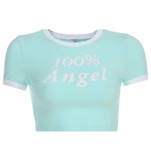 Dreamy 100% Angel Pastel Baby Blue Crop Top Ringer Tee - M